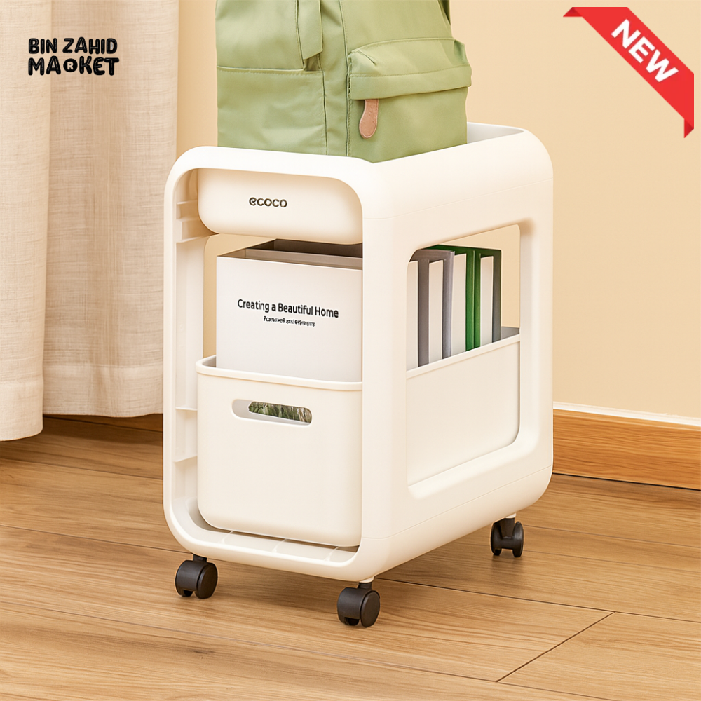 ECOCO SNACK STORAGE RACK – 2 TIER MULTIFUNCTIONAL KITCHEN STORAGE TROLLEY WITH DRAWERS UNDER DESK ORGANIZER & ROLLING