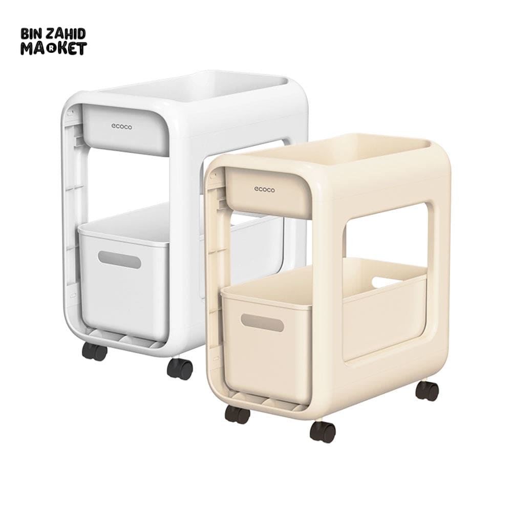 ECOCO SNACK STORAGE RACK – 2 TIER MULTIFUNCTIONAL KITCHEN STORAGE TROLLEY WITH DRAWERS UNDER DESK ORGANIZER & ROLLING