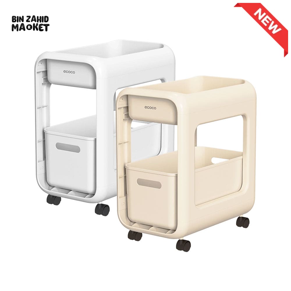 ECOCO SNACK STORAGE RACK – 2 TIER MULTIFUNCTIONAL KITCHEN STORAGE TROLLEY WITH DRAWERS UNDER DESK ORGANIZER & ROLLING