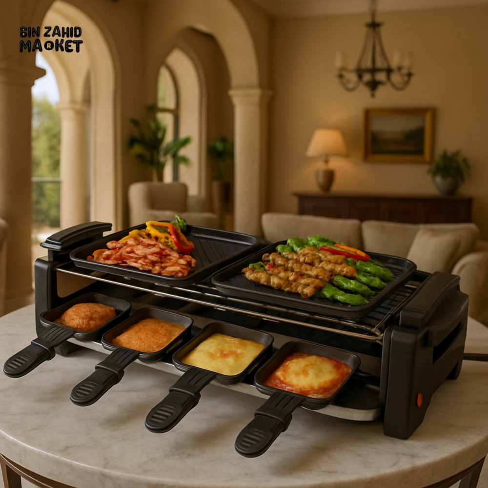 ELECTRIC RACLETTE GRILL WITH NON-STICK GRILLING PLATES – MULTIFUNCTIONAL TABLETOP BBQ FOR LUXURY VILLA DINING