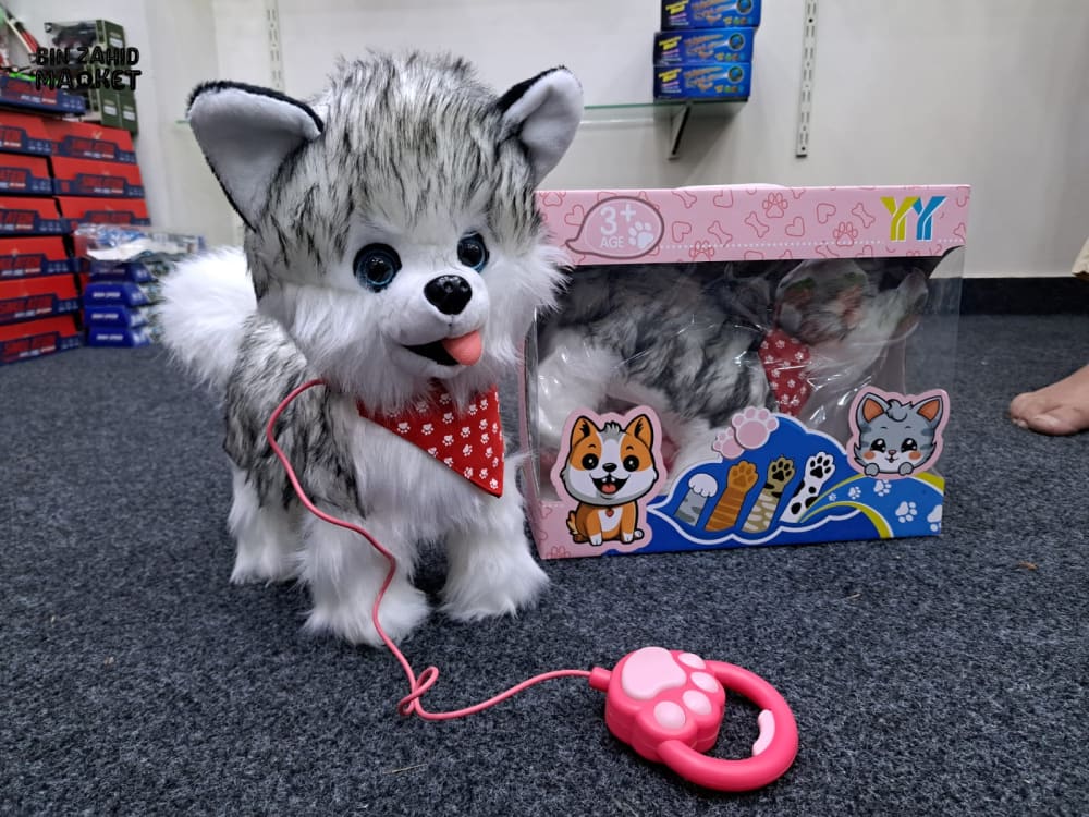 ELECTRIC WALKING HUSKY TOY – GREY & WHITE PUPPY WITH LEASH SOUND & SCARF FOR KIDS