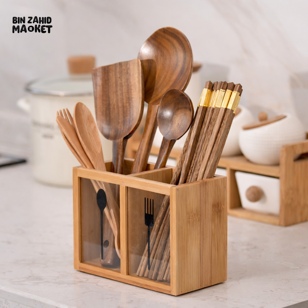 ELEGANT BAMBOO UTENSIL & CHOPSTICK HOLDER – COUNTERTOP ORGANIZER