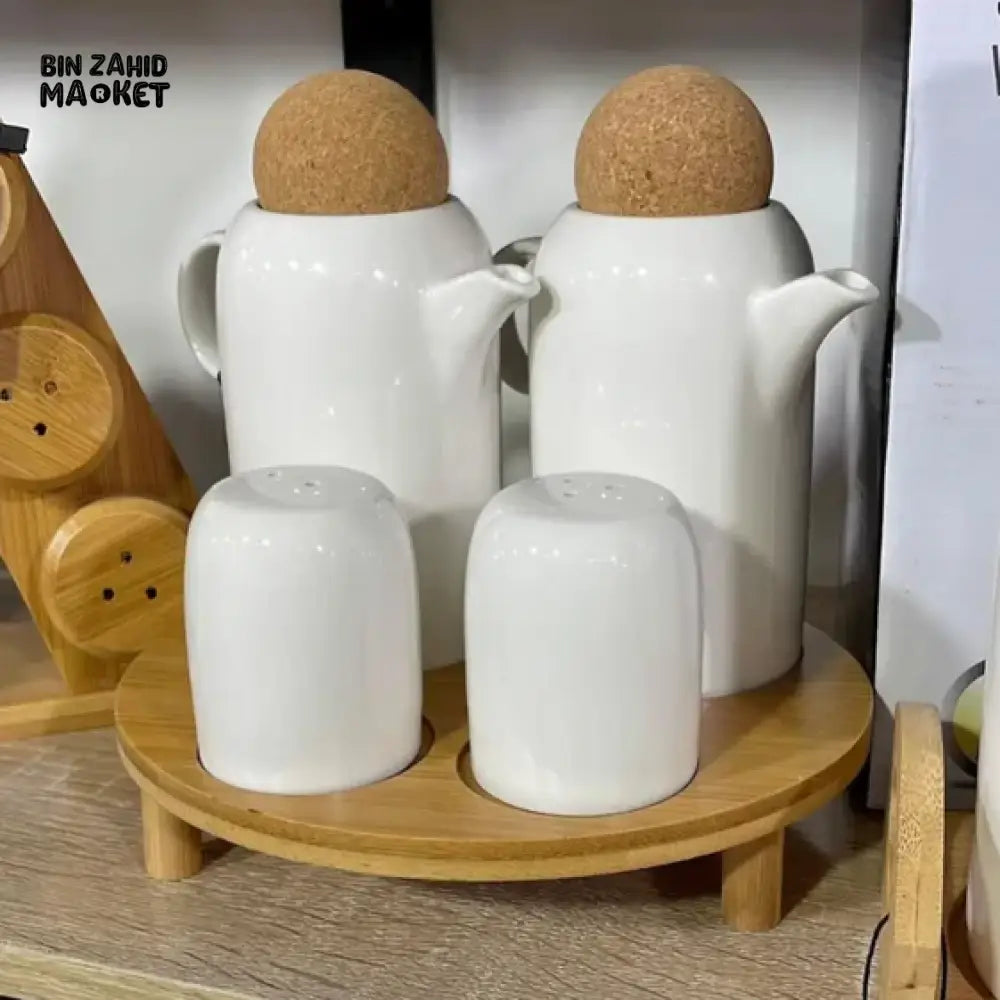ELEGANT CONDIMENT SERVING SET – 4 PIECES WITH WOODEN STAND PERFECT FOR KITCHEN & DINING TABLE