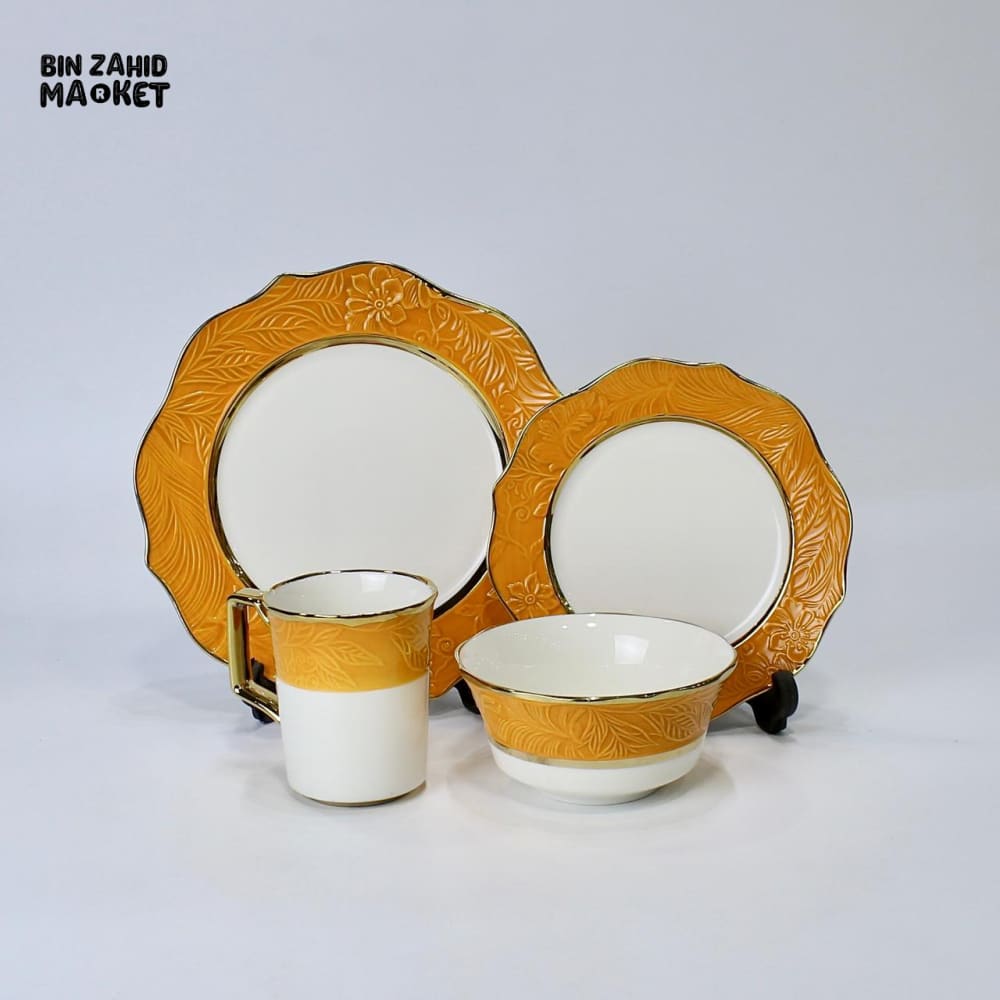 ELEGANT FLORAL EMBOSSED DINNER SET – 9 PIECE PREMIUM PORCELAIN TABLEWARE WITH GOLDEN YELLOW RIM LUXURY KITCHEN