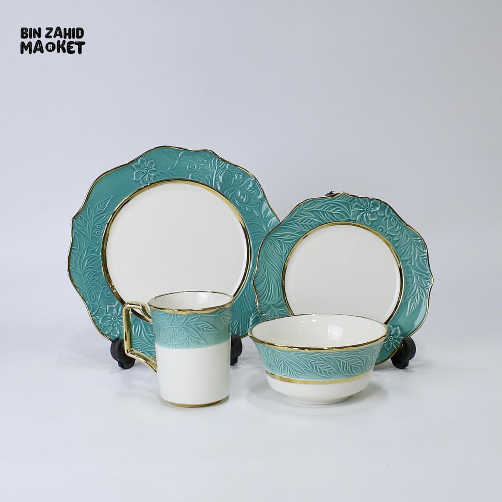 ELEGANT FLORAL EMBOSSED DINNER SET – 9 PIECE PREMIUM PORCELAIN TABLEWARE WITH TEAL RIM LUXURY KITCHEN COLLECTION