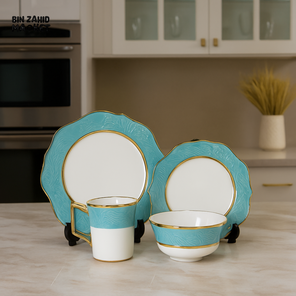 ELEGANT FLORAL EMBOSSED DINNER SET – 9 PIECE PREMIUM PORCELAIN TABLEWARE WITH TEAL RIM LUXURY KITCHEN COLLECTION