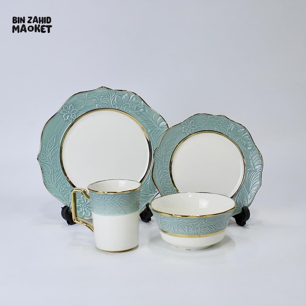 ELEGANT FLORAL EMBOSSED DINNER SET – 9 PIECE PREMIUM PORCELAIN TABLEWARE WITH TURQUOISE RIM LUXURY KITCHEN COLLECTION
