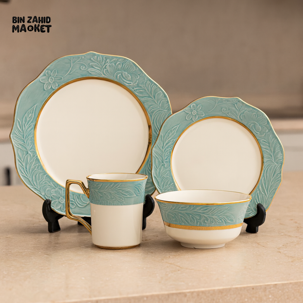 ELEGANT FLORAL EMBOSSED DINNER SET – 9 PIECE PREMIUM PORCELAIN TABLEWARE WITH TURQUOISE RIM LUXURY KITCHEN COLLECTION