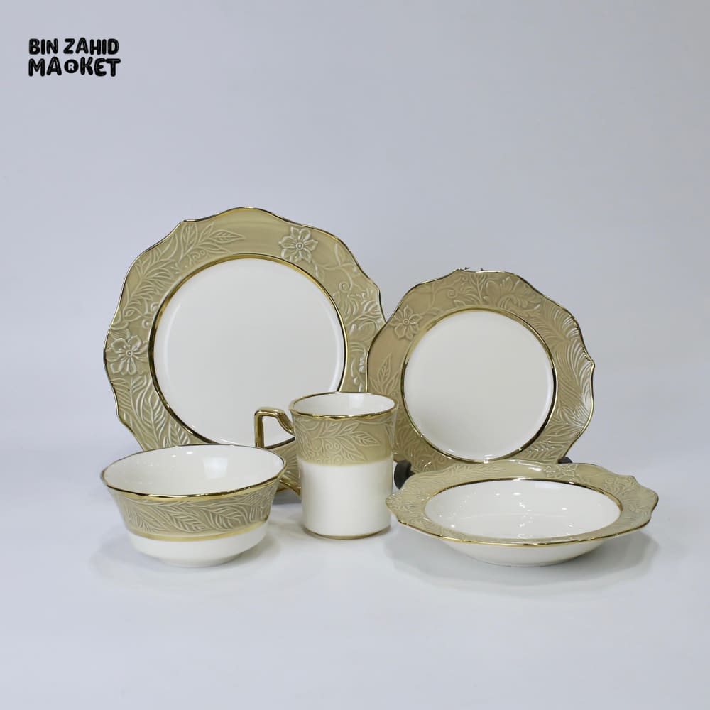 ELEGANT FLORAL EMBOSSED DINNER SET – 30 PIECE PREMIUM PORCELAIN TABLEWARE WITH BEIGE RIM LUXURY KITCHEN COLLECTION