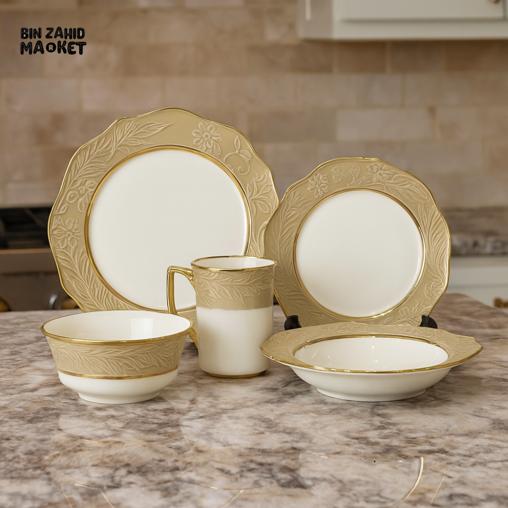 ELEGANT FLORAL EMBOSSED DINNER SET – 30 PIECE PREMIUM PORCELAIN TABLEWARE WITH BEIGE RIM LUXURY KITCHEN COLLECTION