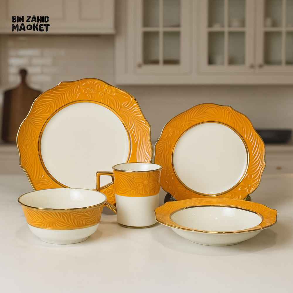 ELEGANT FLORAL EMBOSSED DINNER SET – 30 PIECE PREMIUM PORCELAIN TABLEWARE WITH GOLDEN YELLOW RIM LUXURY KITCHEN