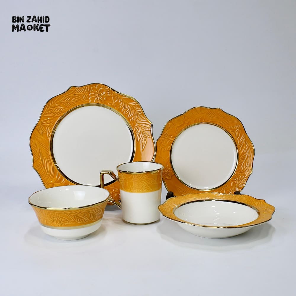 ELEGANT FLORAL EMBOSSED DINNER SET – 30 PIECE PREMIUM PORCELAIN TABLEWARE WITH GOLDEN YELLOW RIM LUXURY KITCHEN
