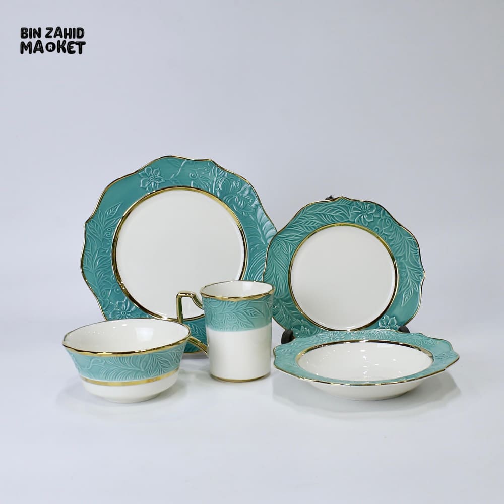 ELEGANT FLORAL EMBOSSED DINNER SET – 30 PIECE PREMIUM PORCELAIN TABLEWARE WITH TEAL RIM LUXURY KITCHEN COLLECTION