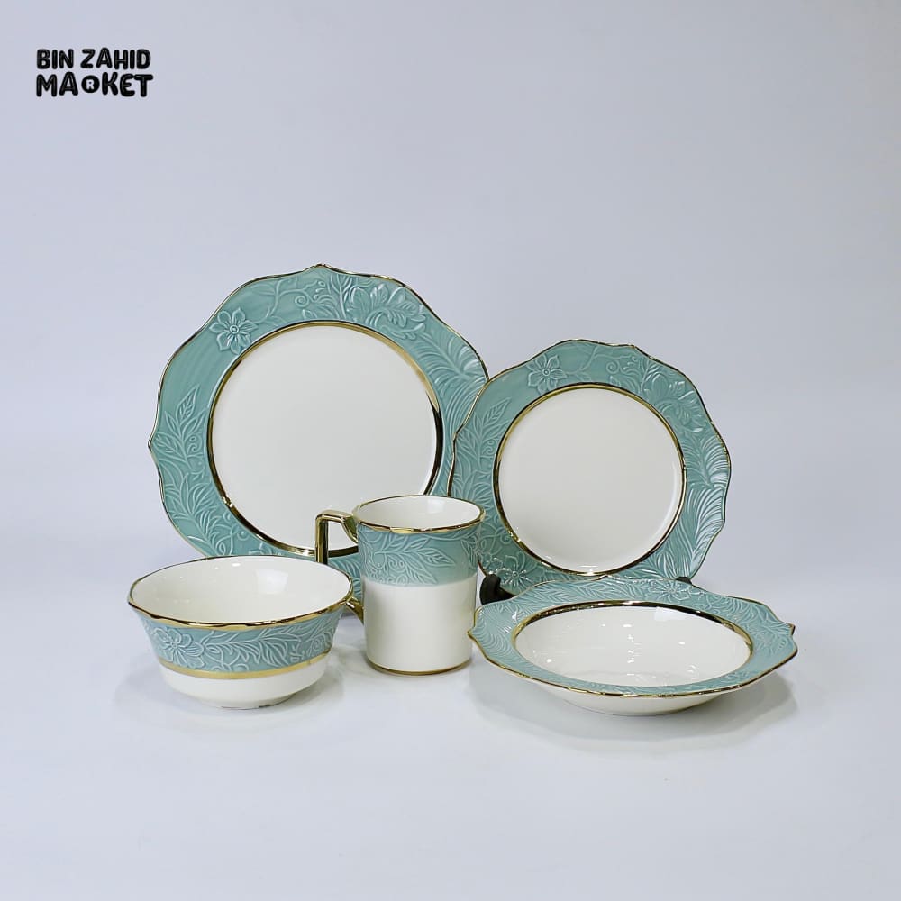 ELEGANT FLORAL EMBOSSED DINNER SET – 30 PIECE PREMIUM PORCELAIN TABLEWARE WITH TURQUOISE RIM LUXURY KITCHEN COLLECTION