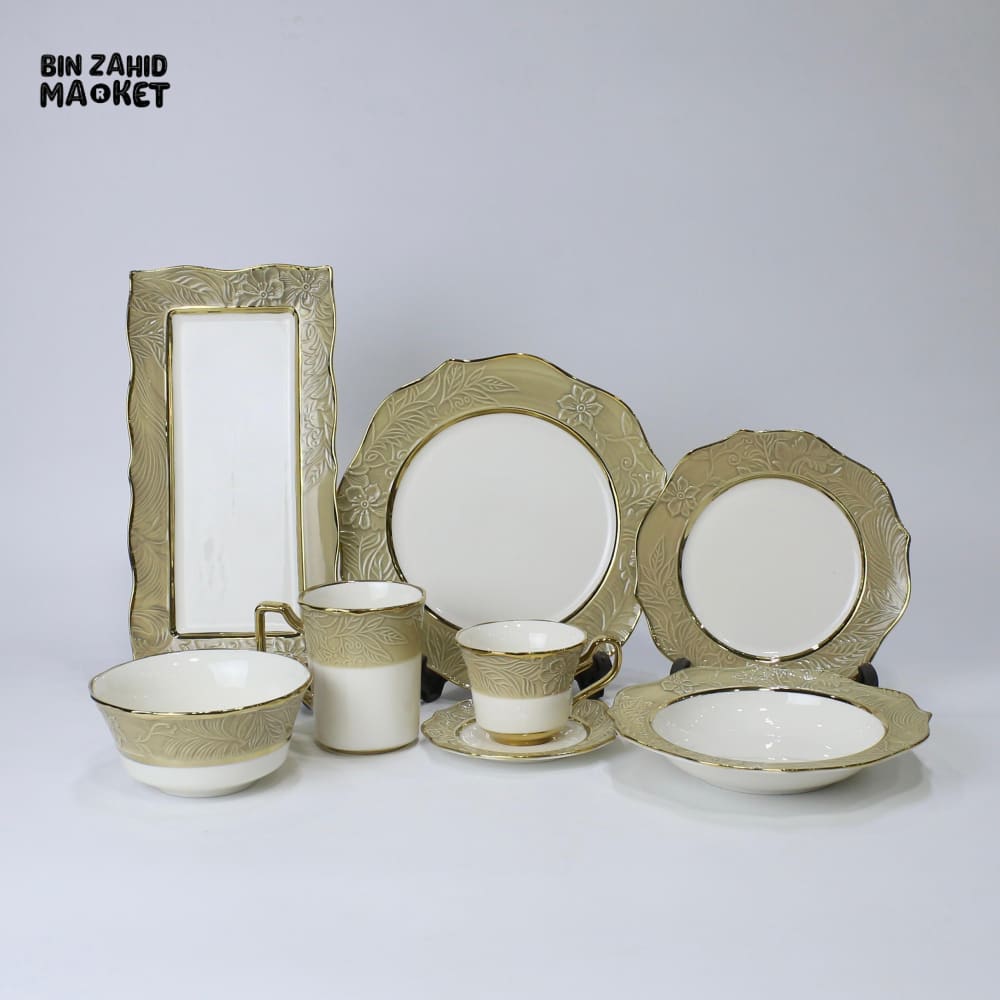 ELEGANT FLORAL EMBOSSED DINNER SET – 44 PIECE PREMIUM PORCELAIN TABLEWARE WITH BEIGE RIM LUXURY KITCHEN COLLECTION