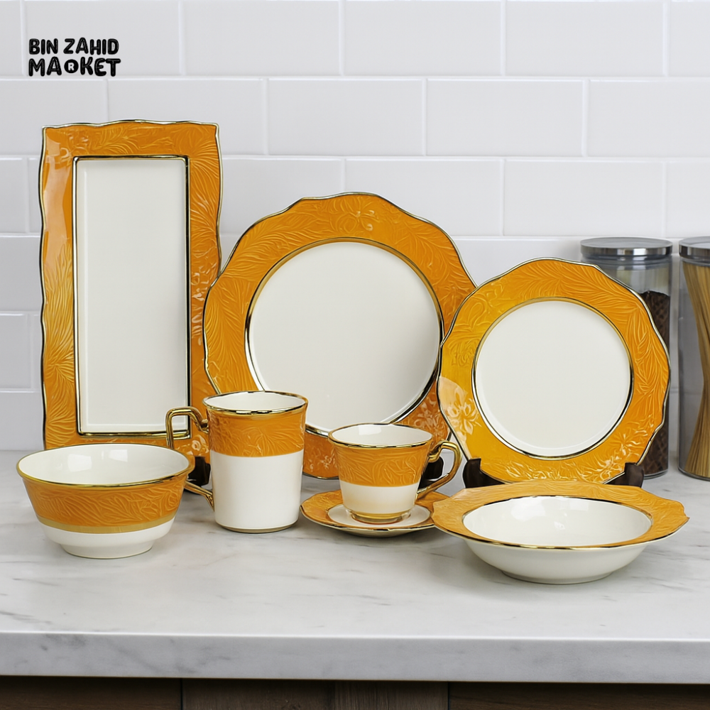 ELEGANT FLORAL EMBOSSED DINNER SET – 44 PIECE PREMIUM PORCELAIN TABLEWARE WITH GOLDEN YELLOW RIM LUXURY KITCHEN