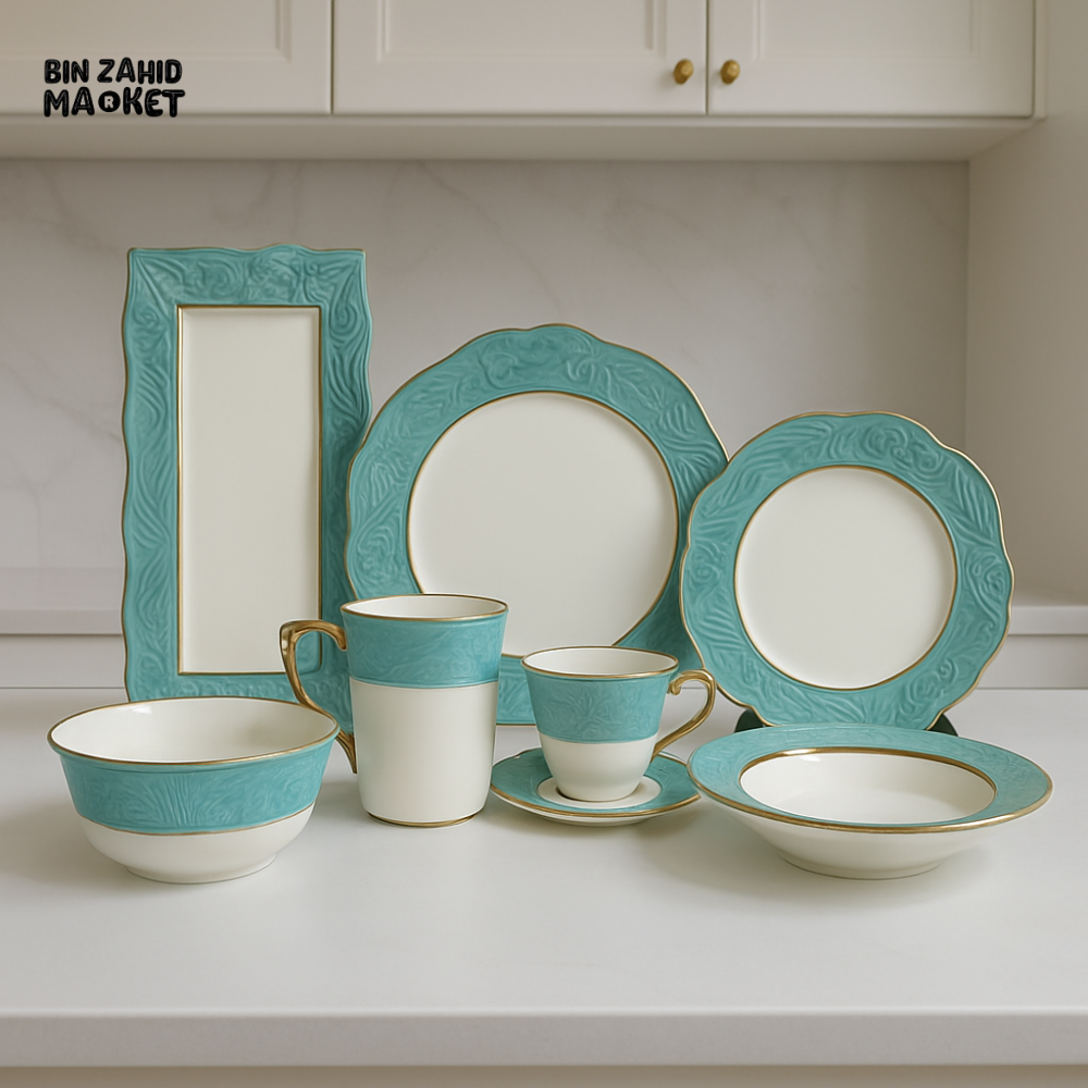 ELEGANT FLORAL EMBOSSED DINNER SET – 44 PIECE PREMIUM PORCELAIN TABLEWARE WITH TURQUOISE RIM LUXURY KITCHEN COLLECTION