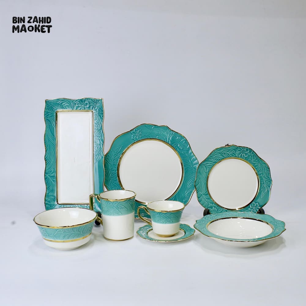 ELEGANT FLORAL EMBOSSED DINNER SET – 44 PIECE PREMIUM PORCELAIN TABLEWARE WITH TURQUOISE RIM LUXURY KITCHEN COLLECTION