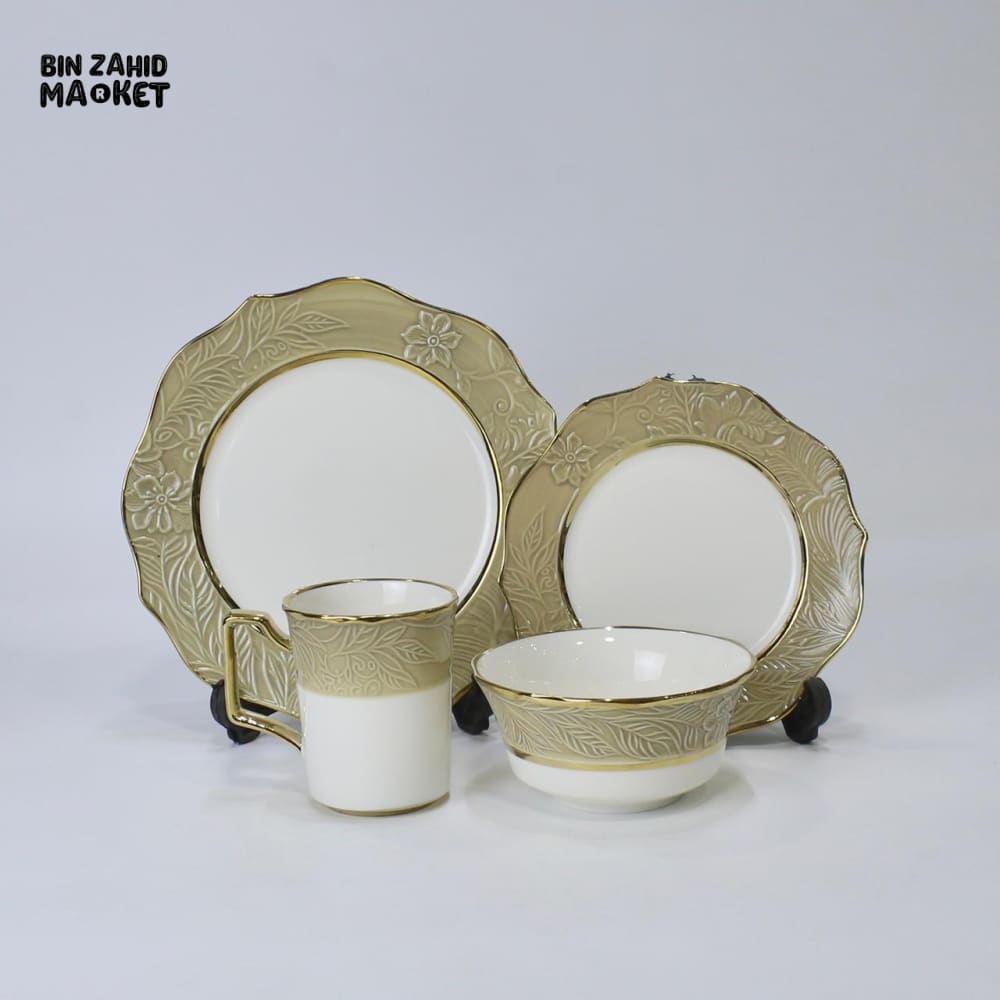 ELEGANT FLORAL EMBOSSED TEA SET – 9 PIECE PREMIUM PORCELAIN TABLEWARE WITH GOLD RIM LUXURY DINING COLLECTION