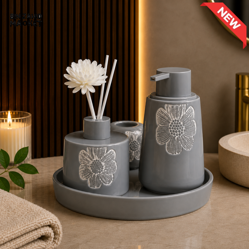 ELEGANT FLORAL PORCELAIN BATHROOM ACCESSORY SET WITH TRAY - Grey