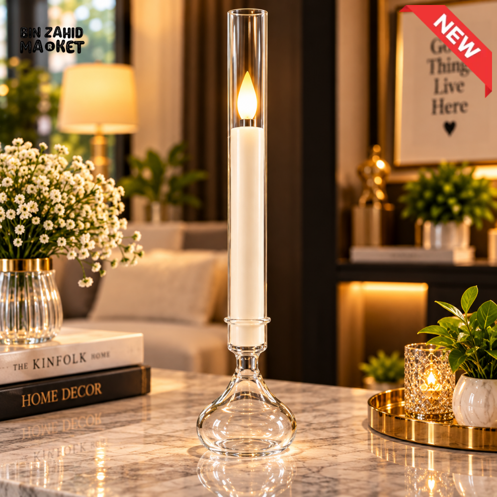 ELEGANT LED TAPER CANDLE WITH CLEAR GLASS HOLDER