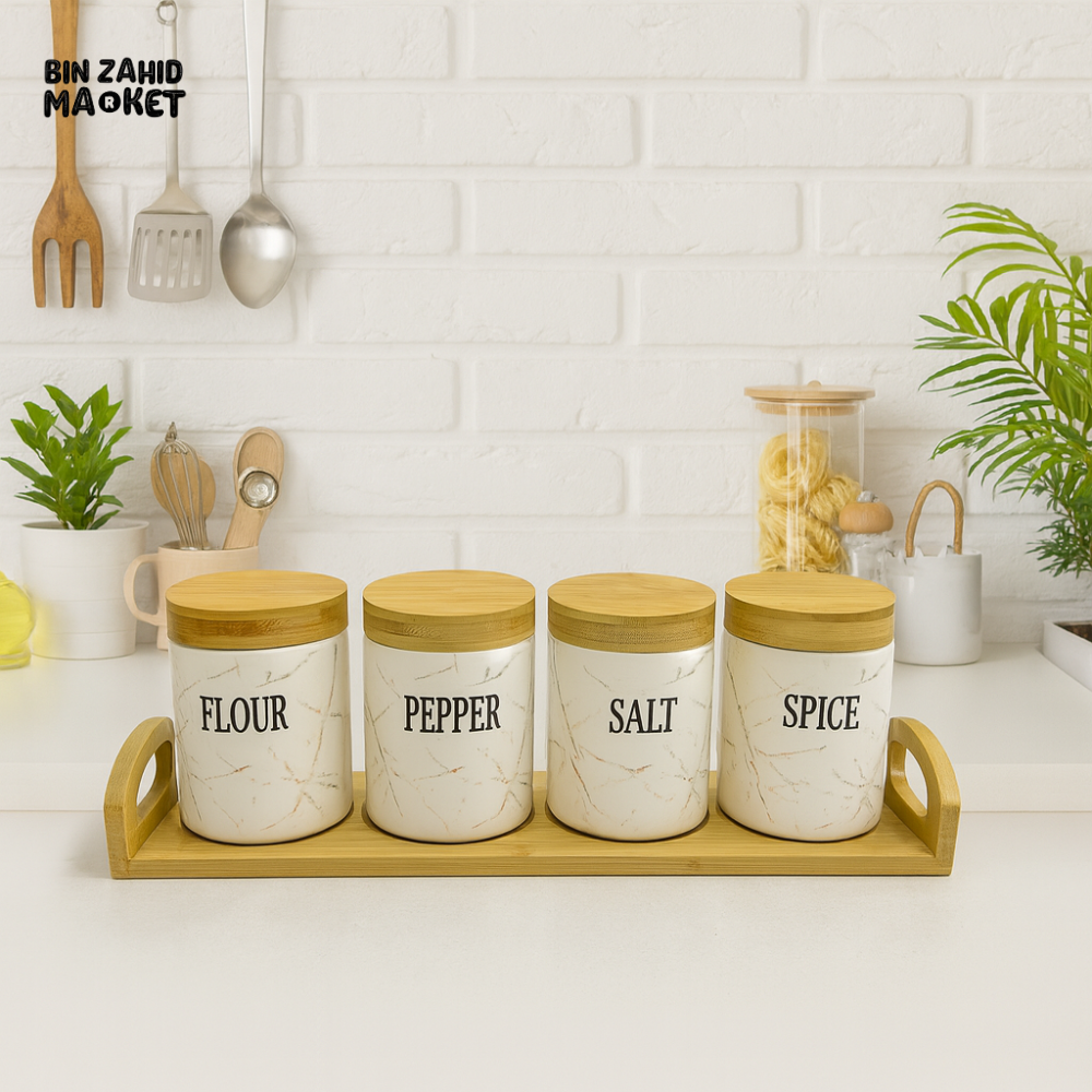 ELEGANT MARBLE CERAMIC JAR SET – 4 PIECE KITCHEN STORAGE WITH BAMBOO LIDS & WOODEN TRAY FOR SPICES AND ESSENTIALS