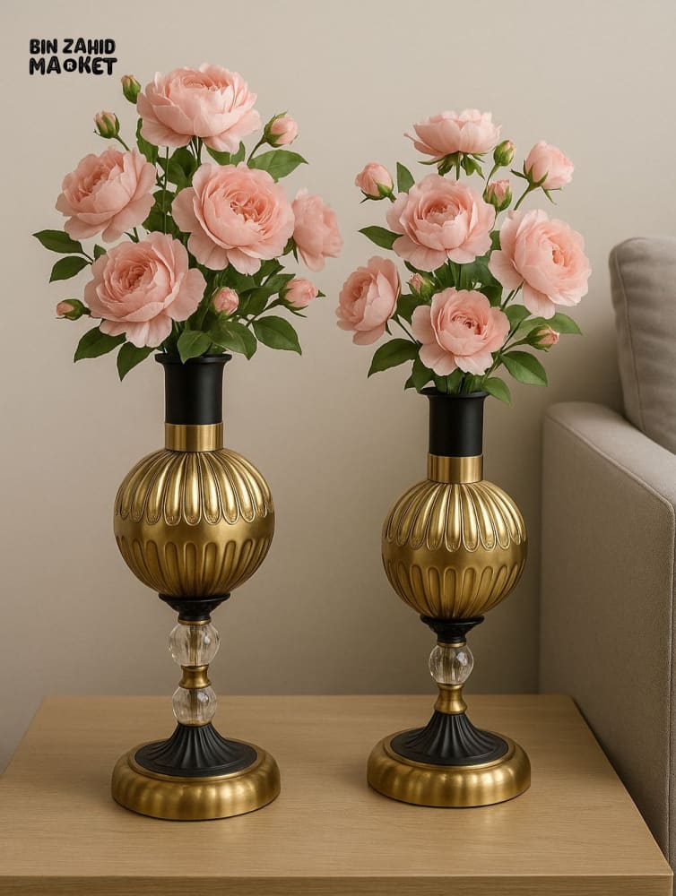 ELEGANT METAL VASE SET OF 2 – GOLD ORB BODY BLACK BASE LARGE & SMALL WITHOUT FLOWERS
