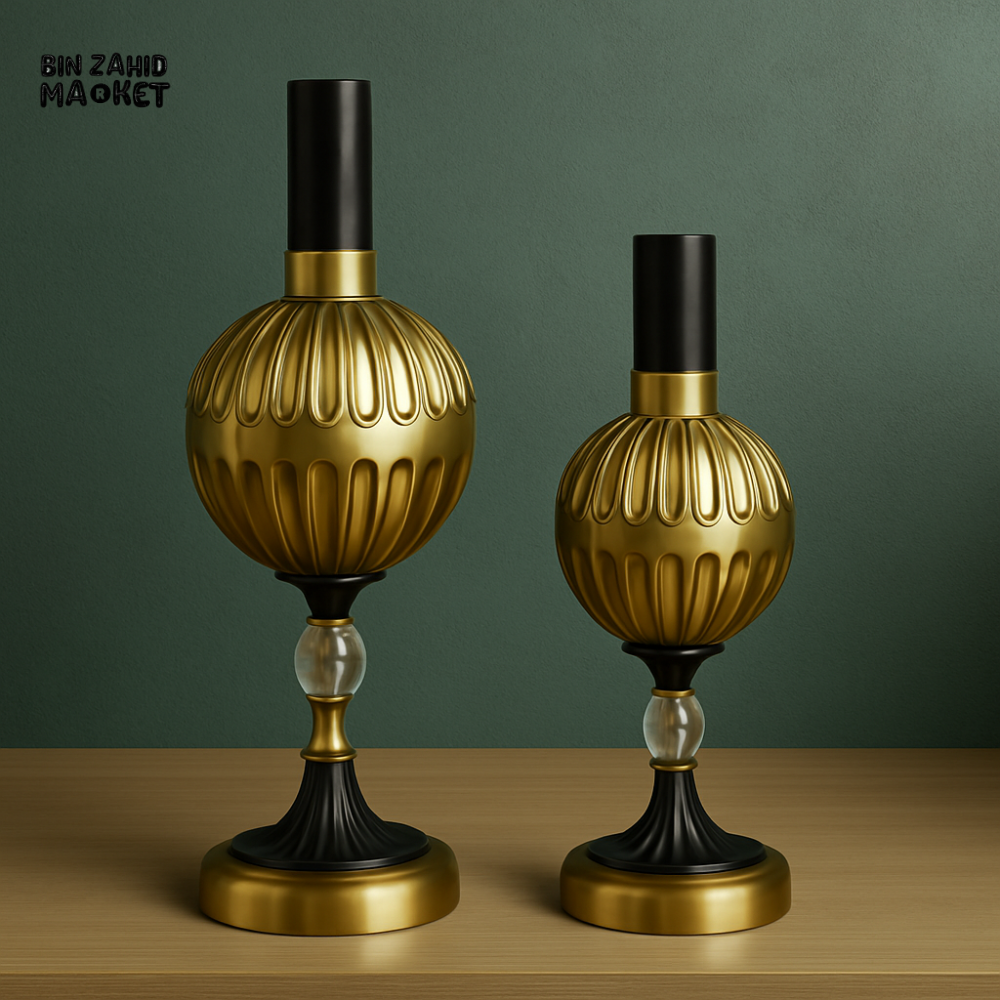 ELEGANT METAL VASE SET OF 2 – GOLD ORB BODY BLACK BASE LARGE & SMALL WITHOUT FLOWERS
