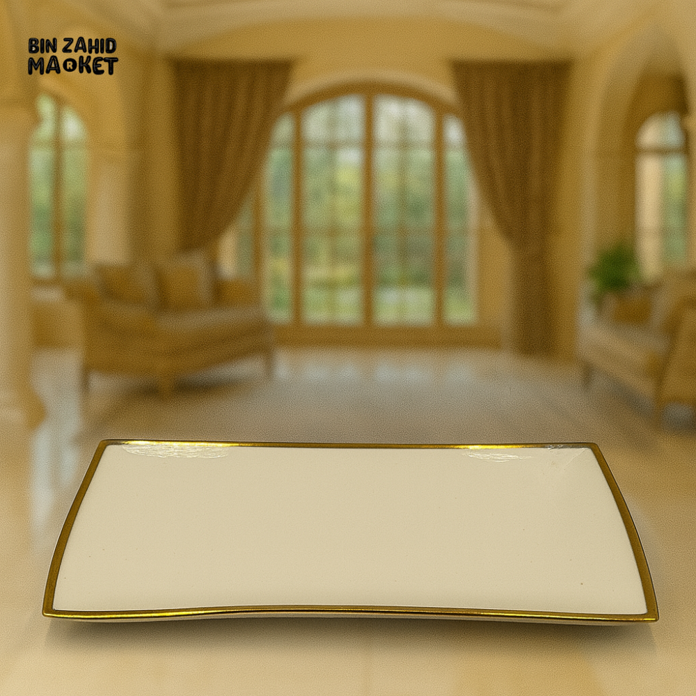 ELEGANT RECTANGULAR WHITE PORCELAIN PLATTER WITH GOLD RIM – LUXURY VILLA TABLE SERVING TRAY - 11.75