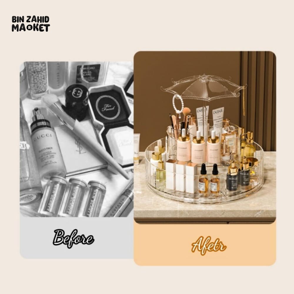 ELEGANT ROTATING COSMETIC STAND – MULTI-TIER MAKEUP HOLDER WITH CRYSTAL UMBRELLA TOP