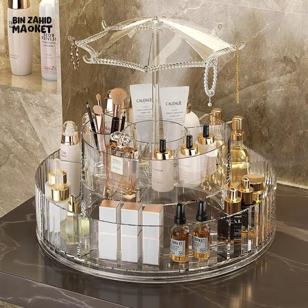 ELEGANT ROTATING COSMETIC STAND – MULTI-TIER MAKEUP HOLDER WITH CRYSTAL UMBRELLA TOP