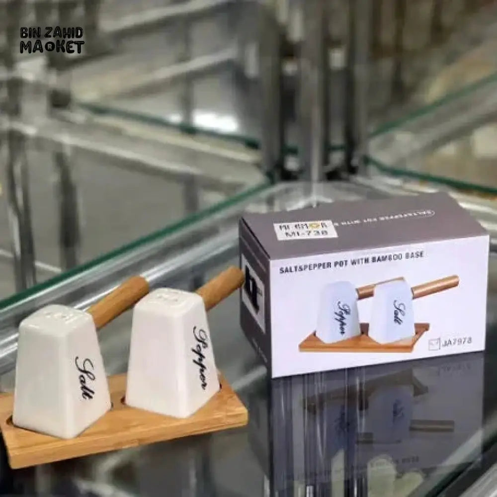ELEGANT SALT & PEPPER SHAKER SET – WITH WOODEN HANDLE & BAMBOO BASE