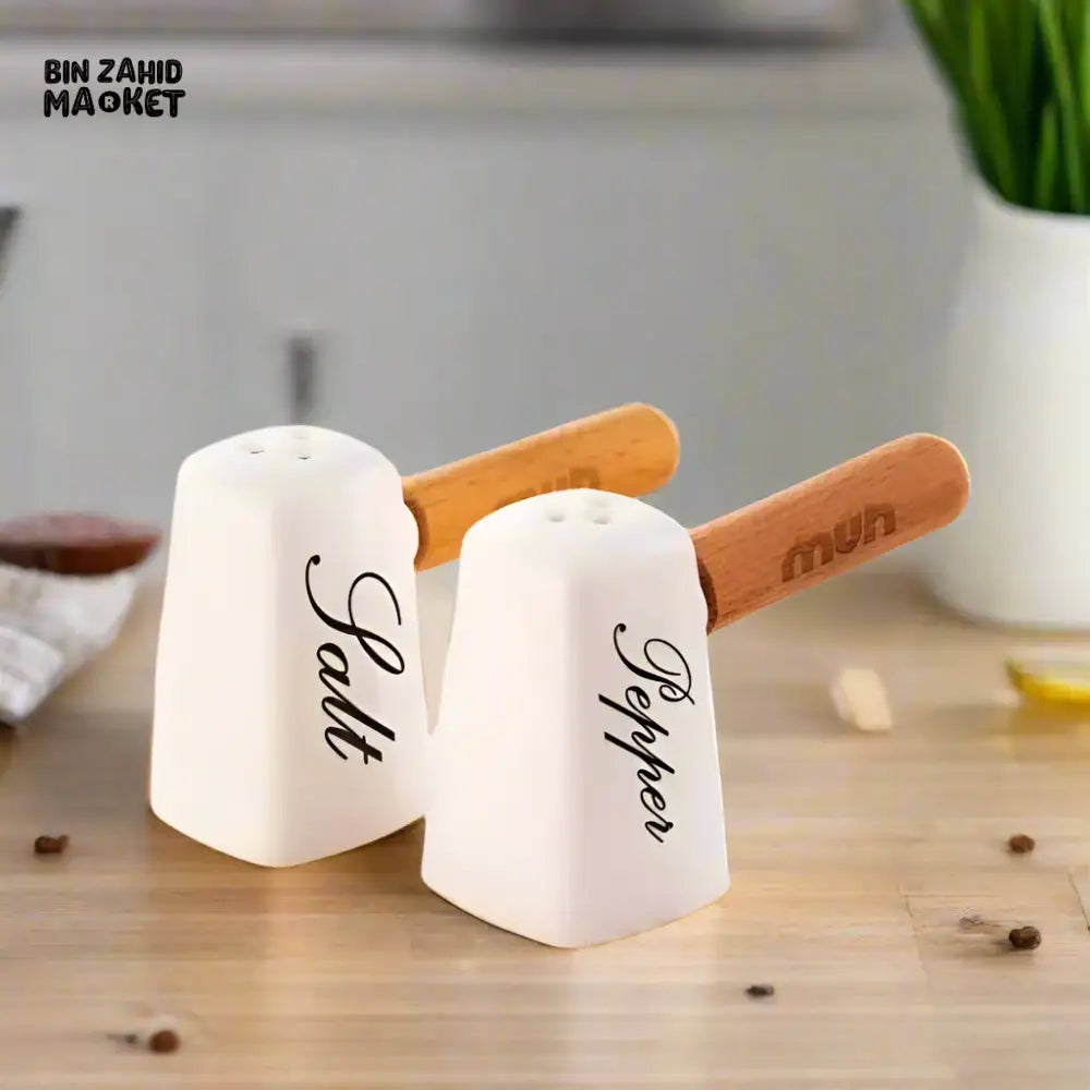 ELEGANT SALT & PEPPER SHAKER SET – WITH WOODEN HANDLE & BAMBOO BASE