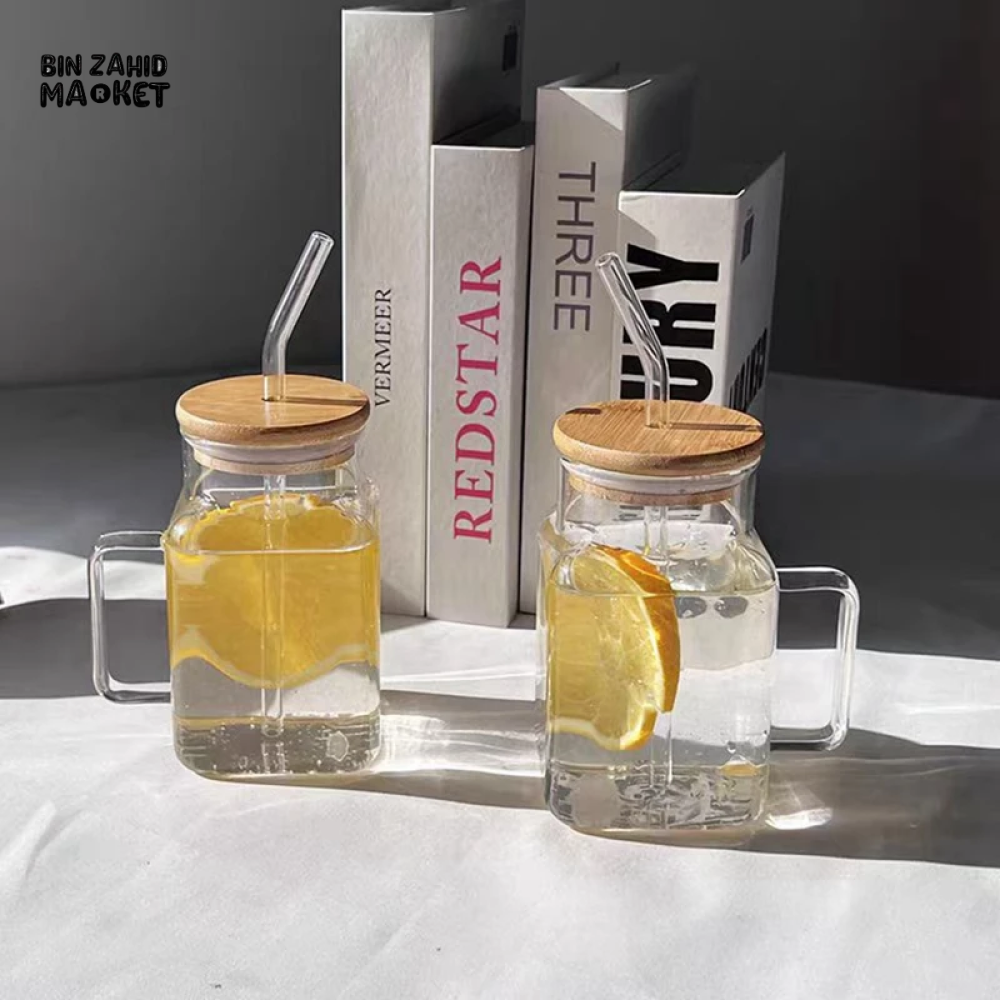 ELEGANT SQUARE GLASS SMOOTHIE CUP WITH HANDLE & STRAW – STYLISH & PRACTICAL DESIGN