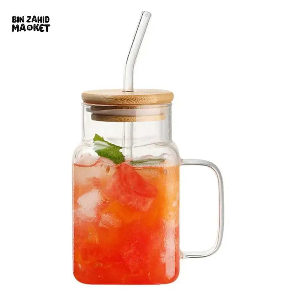 ELEGANT SQUARE GLASS SMOOTHIE CUP WITH HANDLE & STRAW – STYLISH & PRACTICAL DESIGN