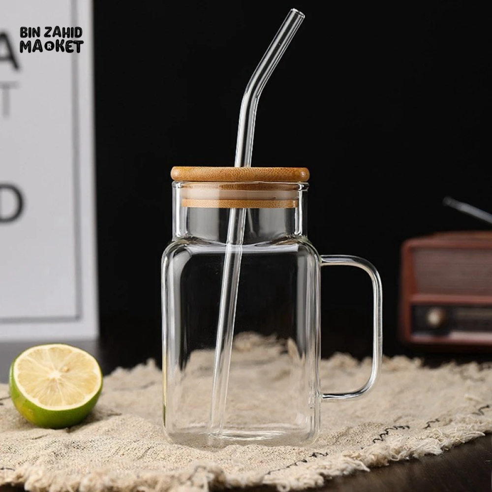 ELEGANT SQUARE GLASS SMOOTHIE CUP WITH HANDLE & STRAW – STYLISH & PRACTICAL DESIGN