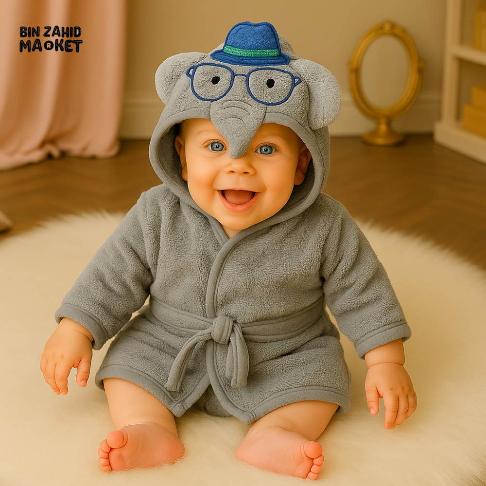 ELEPHANT 6 MONTHS+ BABY ELEPHANT HOODED BATHROBE – SOFT COTTON TOWEL ROBE WITH EARS & HAT DESIGN