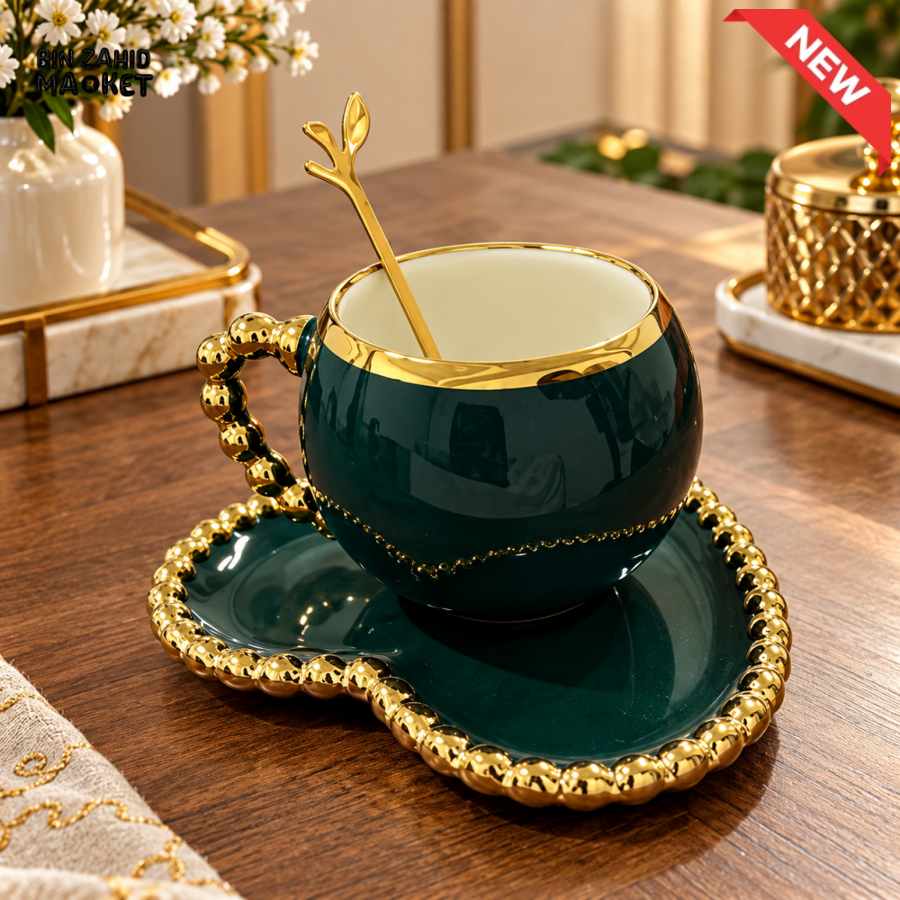 EMERALD GREEN & GOLD CUP AND SAUCER WITH SPOON - Cups & Saucers