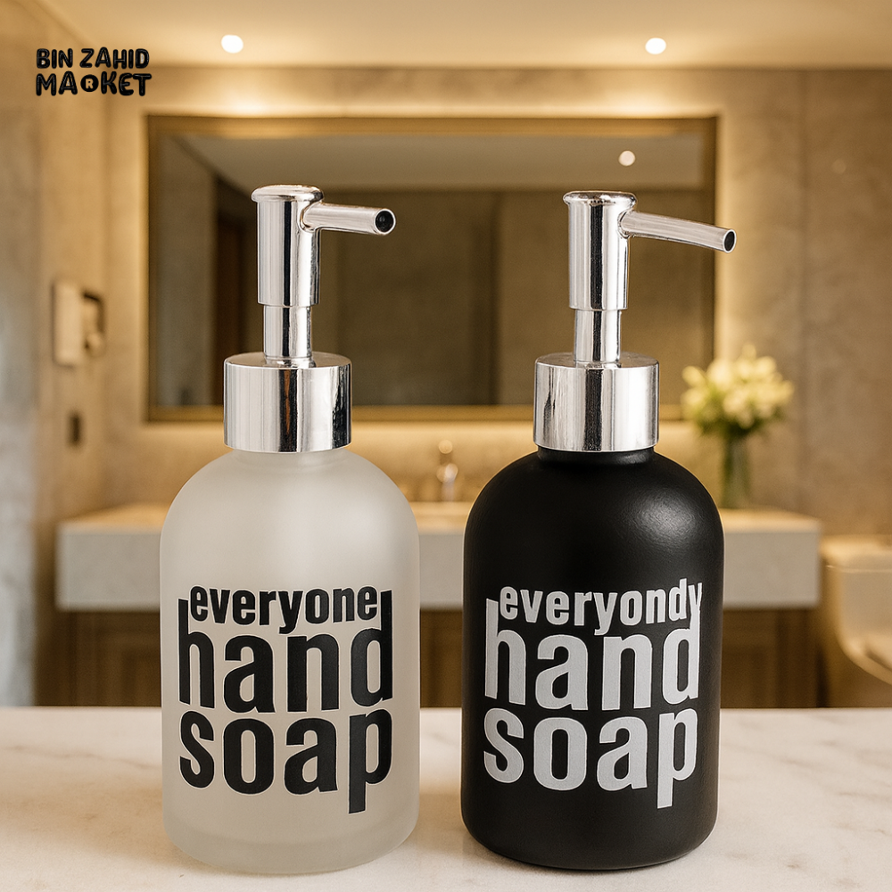 EVERYONE HAND SOAP DISPENSER SET – BLACK & WHITE REFILLABLE BATHROOM LIQUID SOAP PUMP BOTTLES, MODERN LUXURY DESIGN LX-008