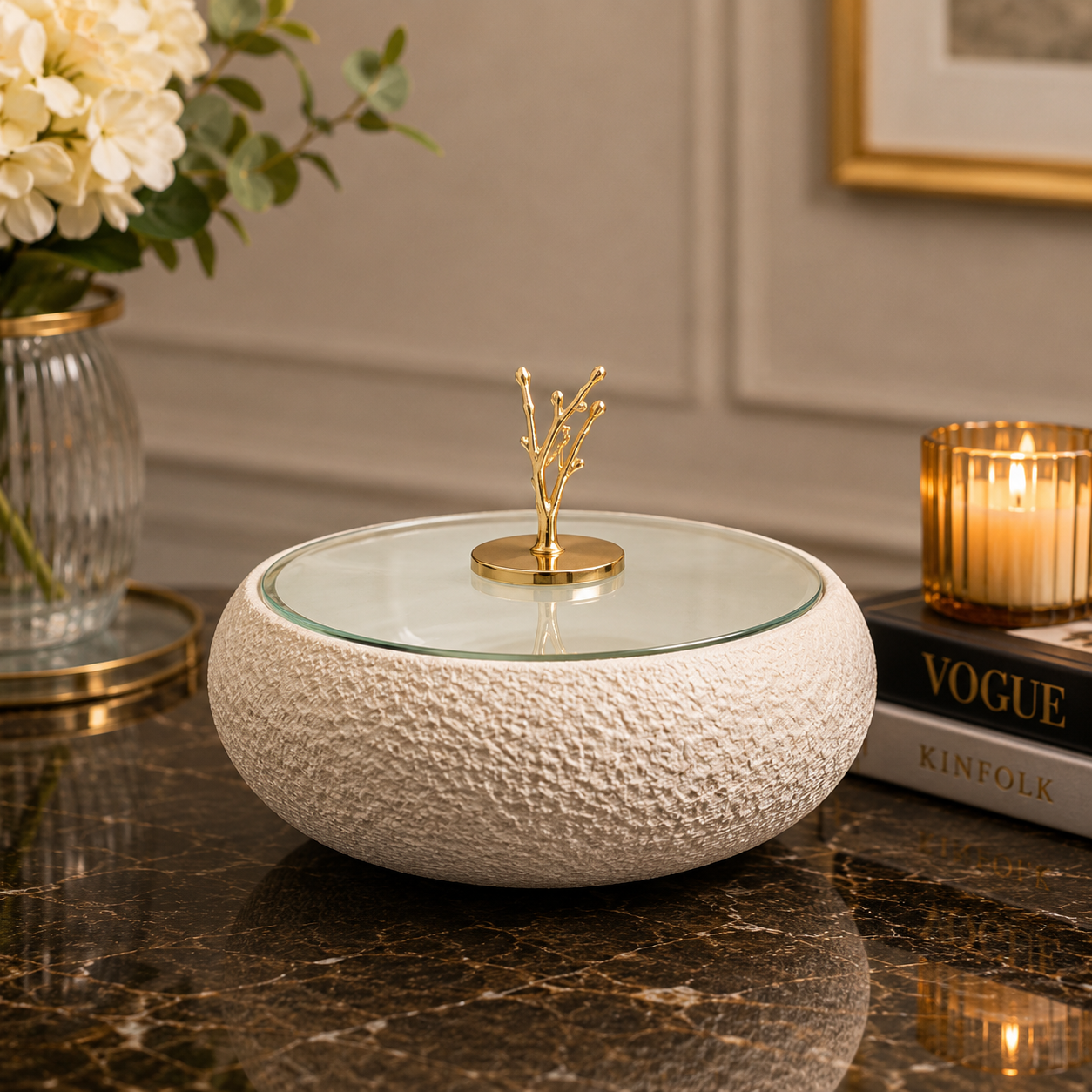 DECORATIVE STORAGE BOWL WITH GLASS LID