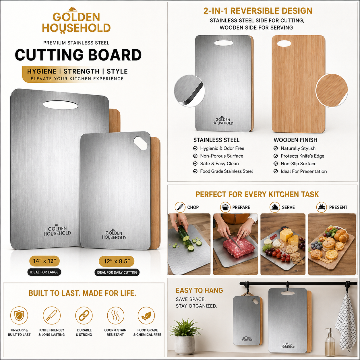 STAINLESS STEEL & WOODEN DOUBLE-SIDED CUTTING BOARD