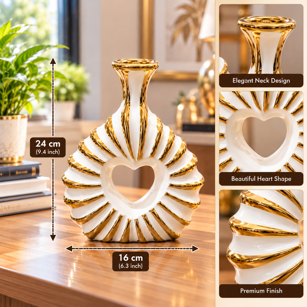 WHITE & GOLD HEART DESIGN DECORATIVE VASE - SMALL