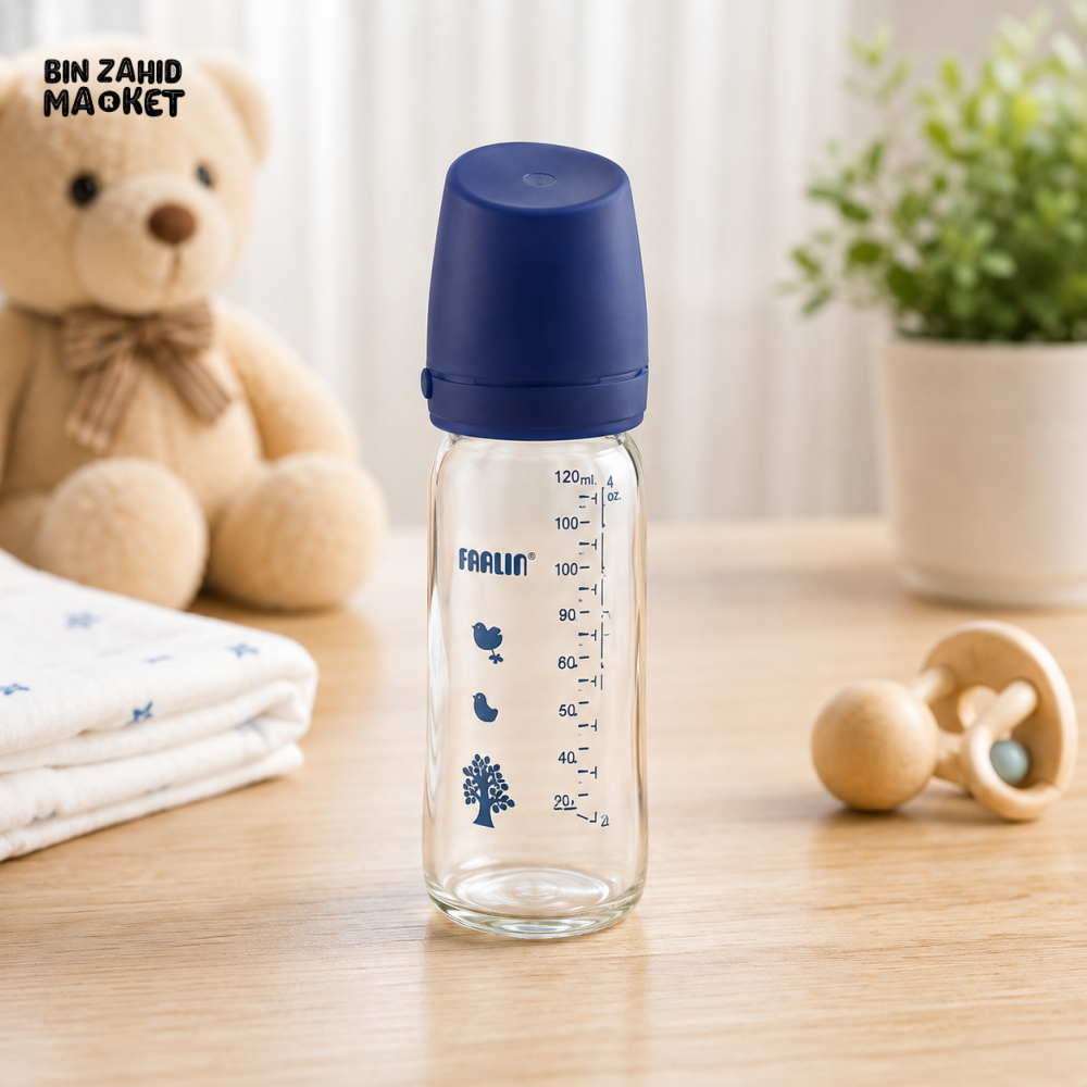FARLIN WIDE NECK GLASS FEEDER 240ML - BLUE