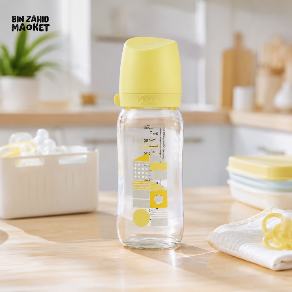 FARLIN WIDE NECK GLASS FEEDER 240ML - YELLOW