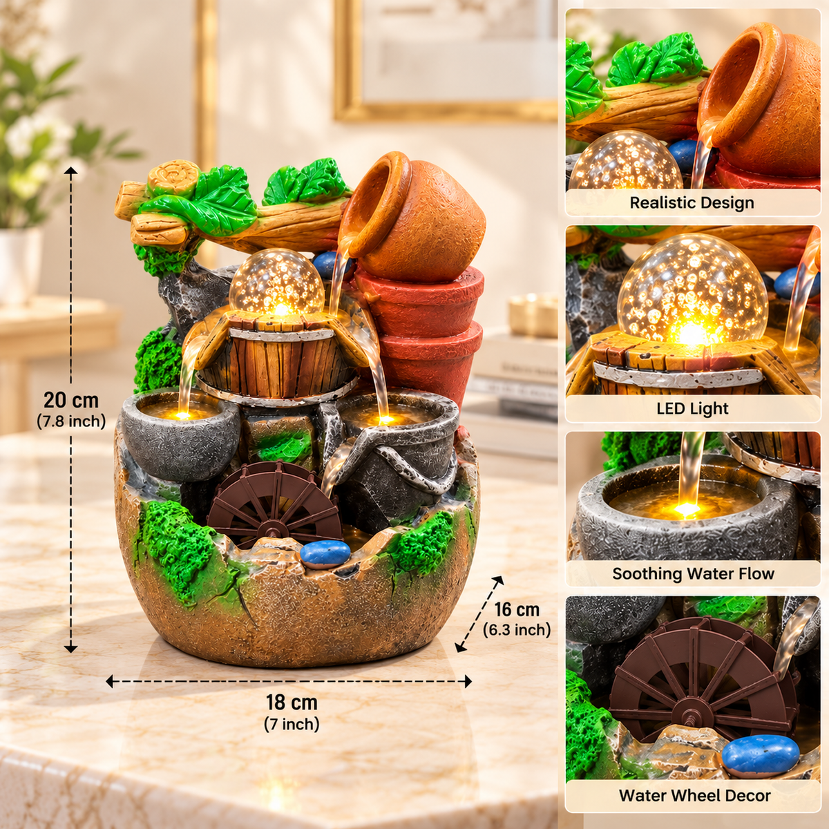 DECORATIVE TABLETOP WATER FOUNTAIN WITH LED LIGHT & WATER WHEEL