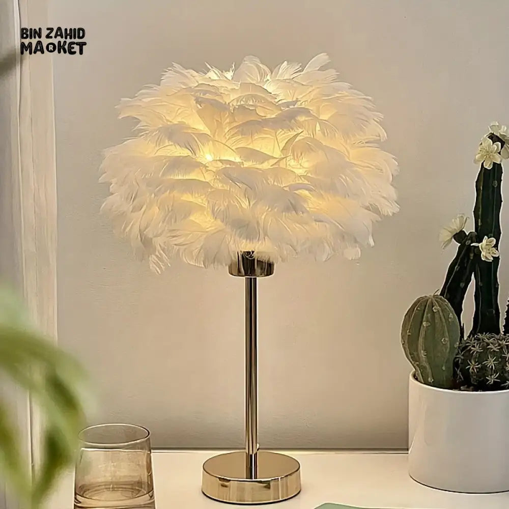 FEATHER TABLE LAMP WITHOUT LED LIGHT – GOLD BASE BEDROOM BEDSIDE DECOR LIGHTING