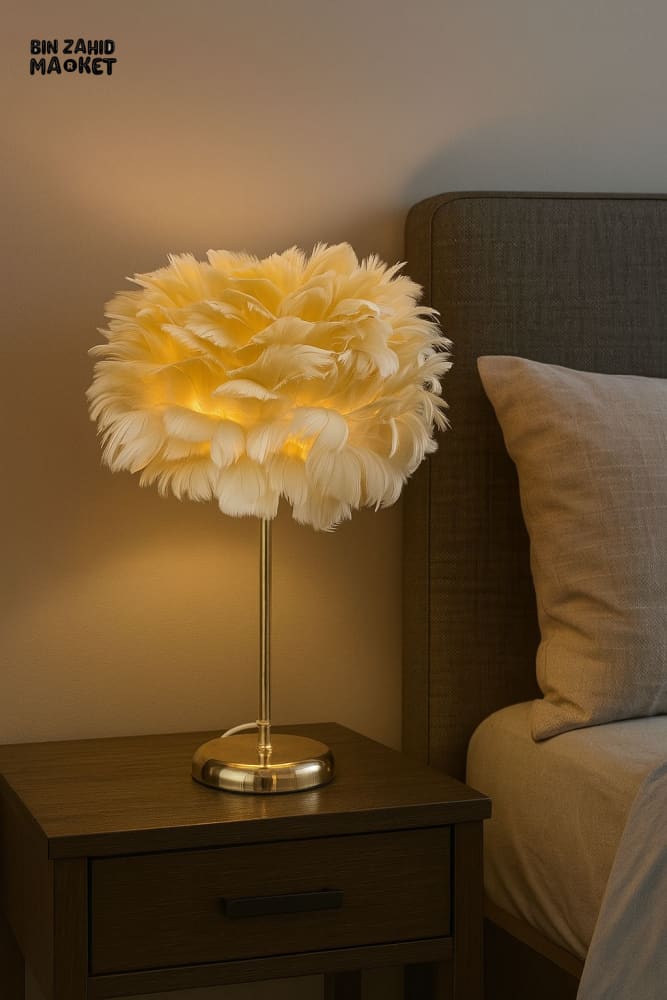 FEATHER TABLE LAMP WITHOUT LED LIGHT – GOLD BASE BEDROOM BEDSIDE DECOR LIGHTING
