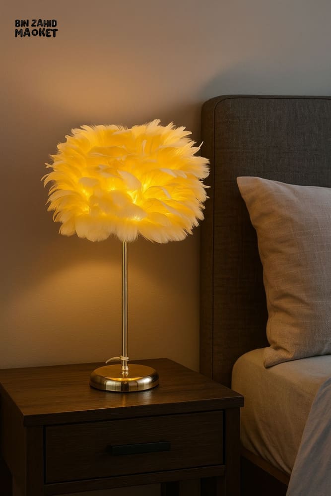 FEATHER TABLE LAMP WITHOUT LED LIGHT – GOLD BASE BEDROOM BEDSIDE DECOR LIGHTING