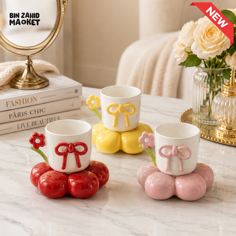 FLORAL BOW CERAMIC CUP & SAUCER - 1 PIECE