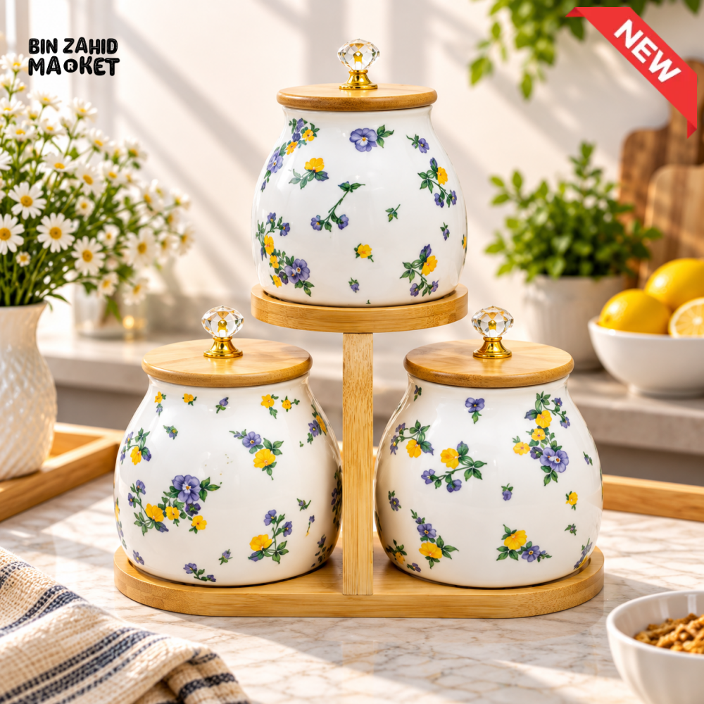 FLORAL CERAMIC STORAGE JAR SET WITH BAMBOO STAND